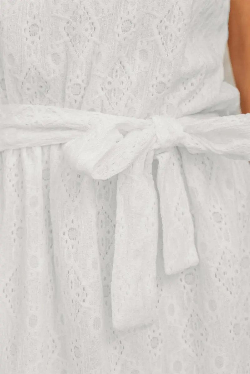 White Lace Sleeveless Knot Hollow Out Back Tied Waist Mini Dress - Love Salve